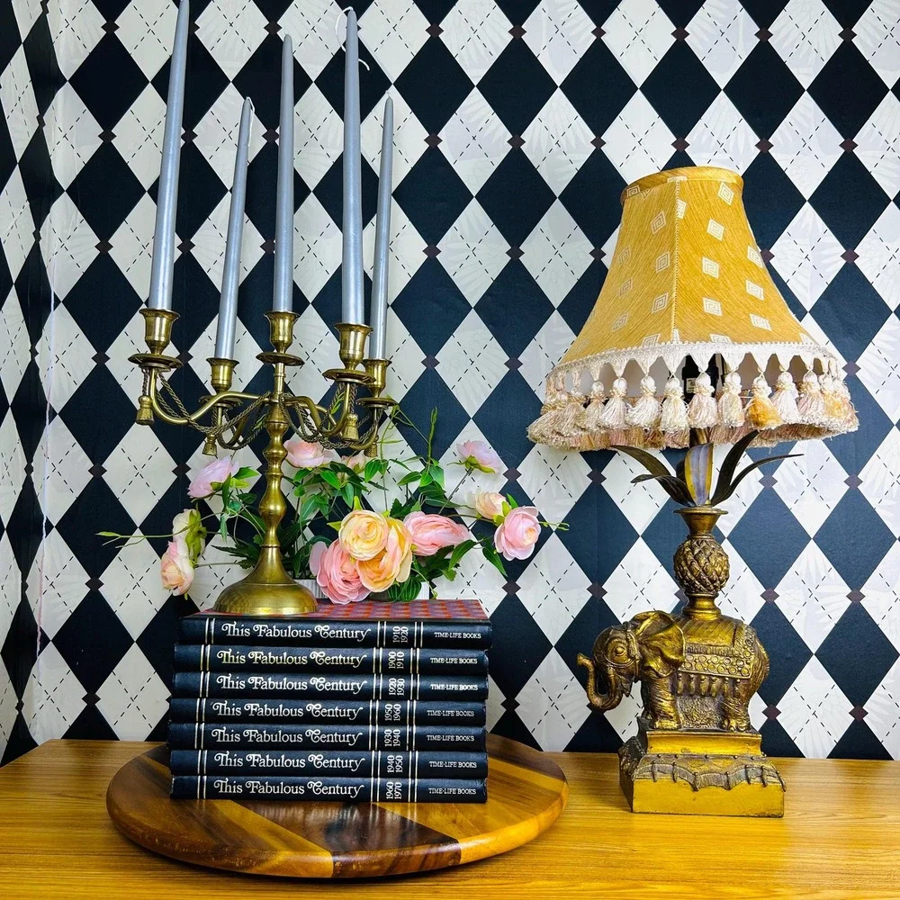 Hollywood Regency Table Lamp Ornate Base, Tasseled Shade Elephant‎ & Pineapple